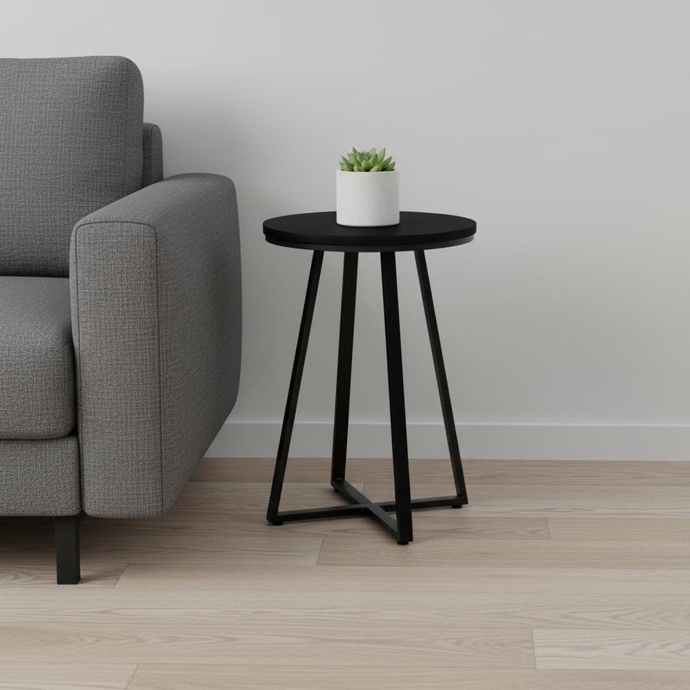22" Black Wood And Iron Round Cross Legs End Table
