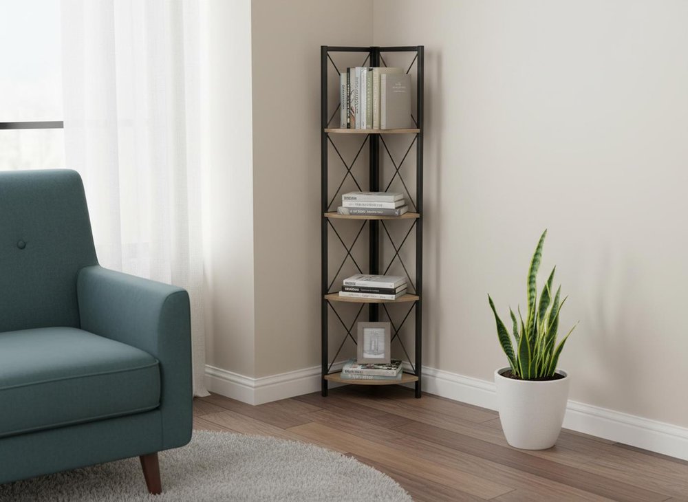 59" Taupe Metal Corner Bookcase