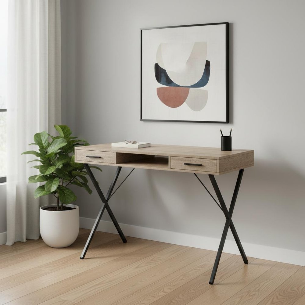42" Taupe and Black Computer Desk With Two Drawers