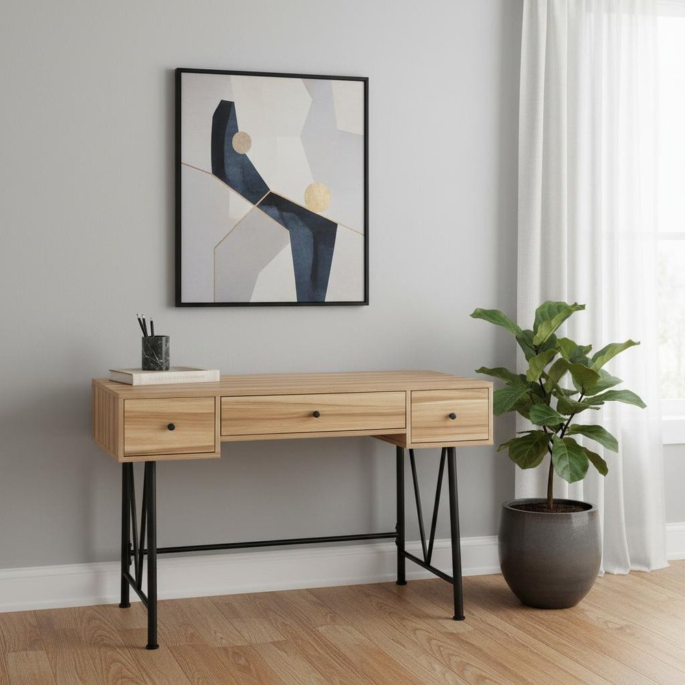 47" Light Brown And Black Wood And Iron Computer Desk With And Three Drawers
