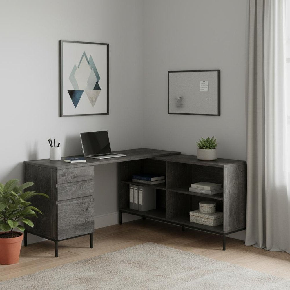 60" Gray and Black L Shape Computer Desk With Three Drawers