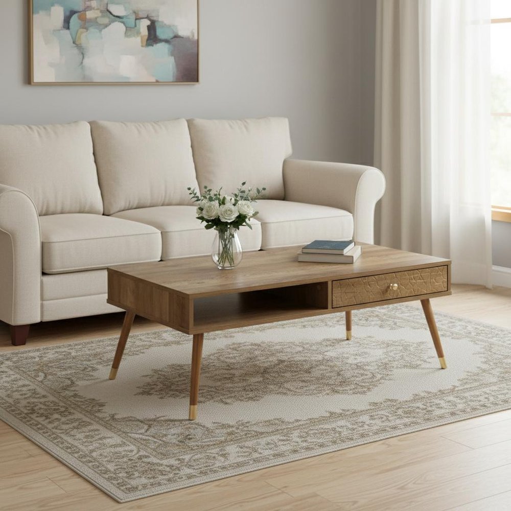 44" Natural And Brown Solid Wood Coffee Table With Drawer And Shelf