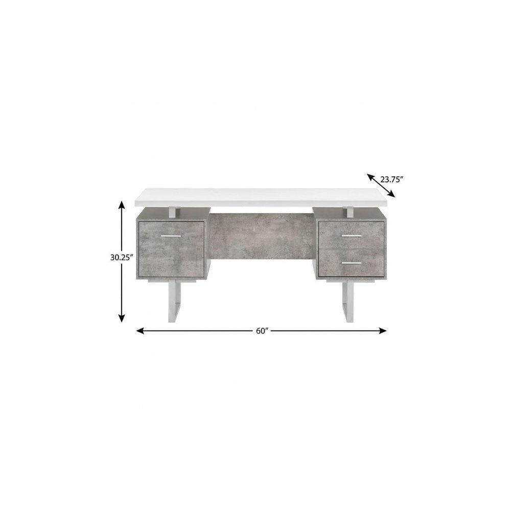 60" White and Gray Computer Desk With Three Drawers