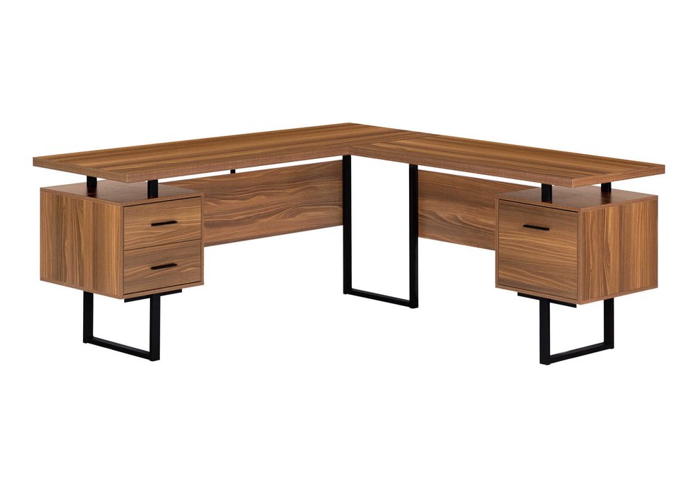 71" Brown and Black L Shape Computer Desk With Three Drawers