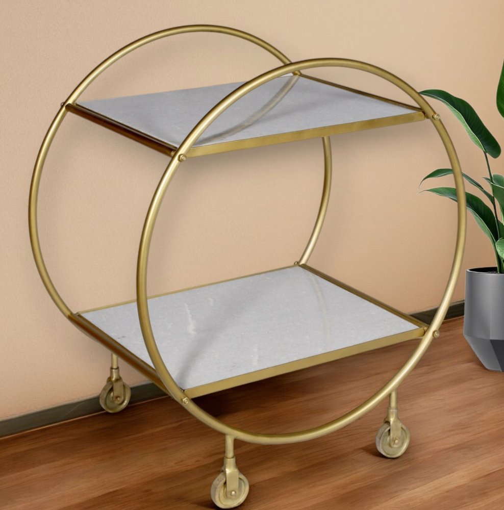 Gray and Gold Iron And Marble Rolling Bar Cart