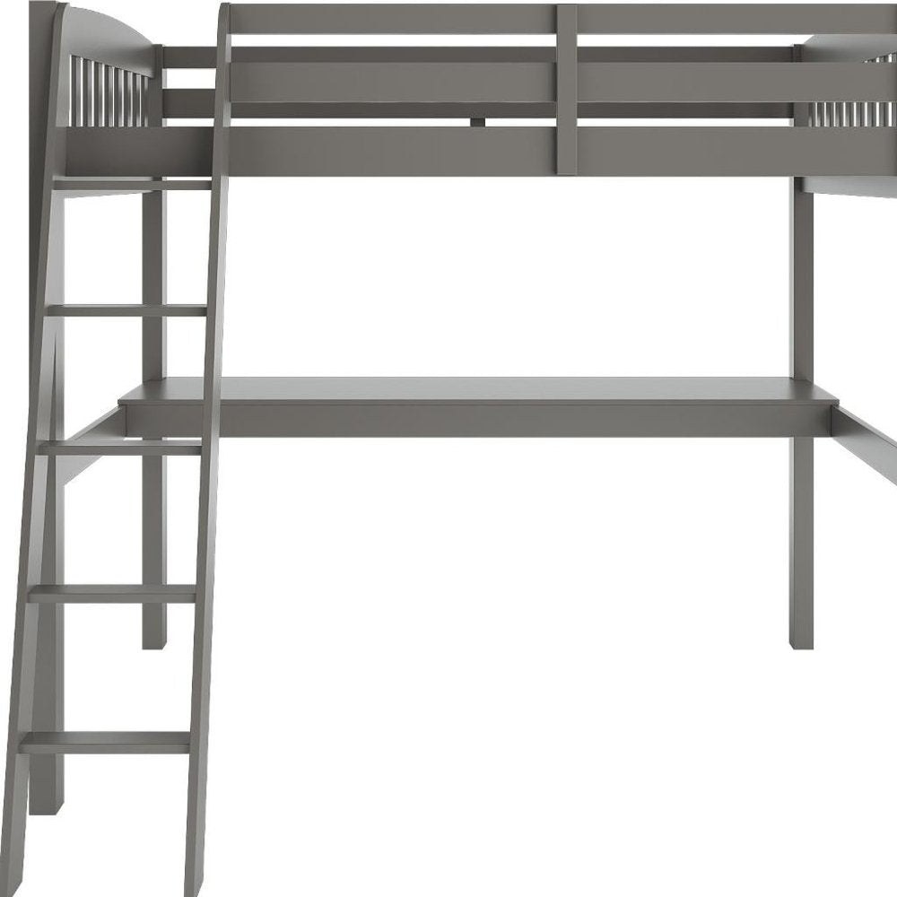 Gray Solid Wood Twin Size Loft Bed with Desk and Storage