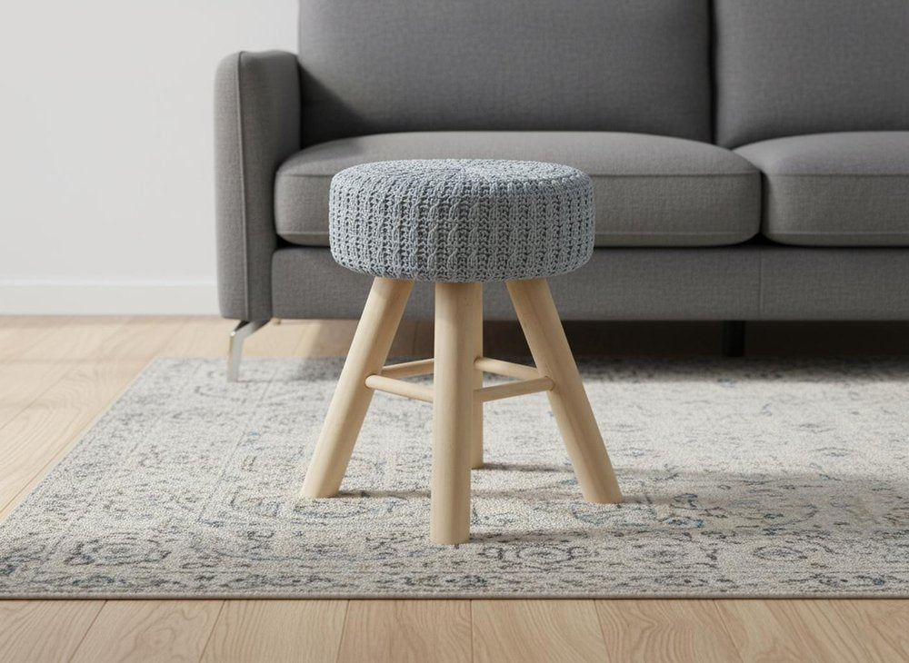 12" Gray Fabric and Natural Round Ottoman