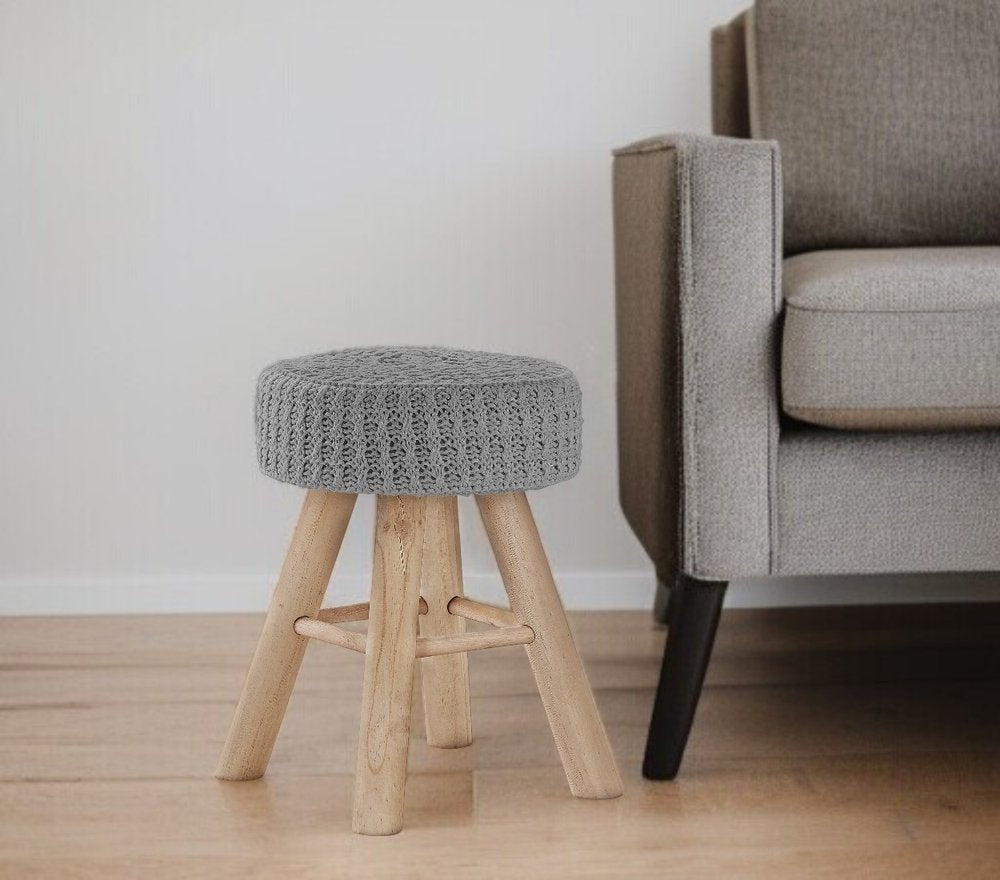 12" Gray Fabric and Natural Round Ottoman