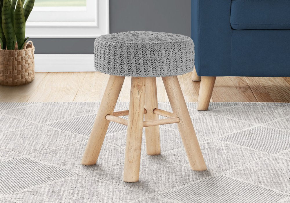 12" Gray Fabric and Natural Round Ottoman