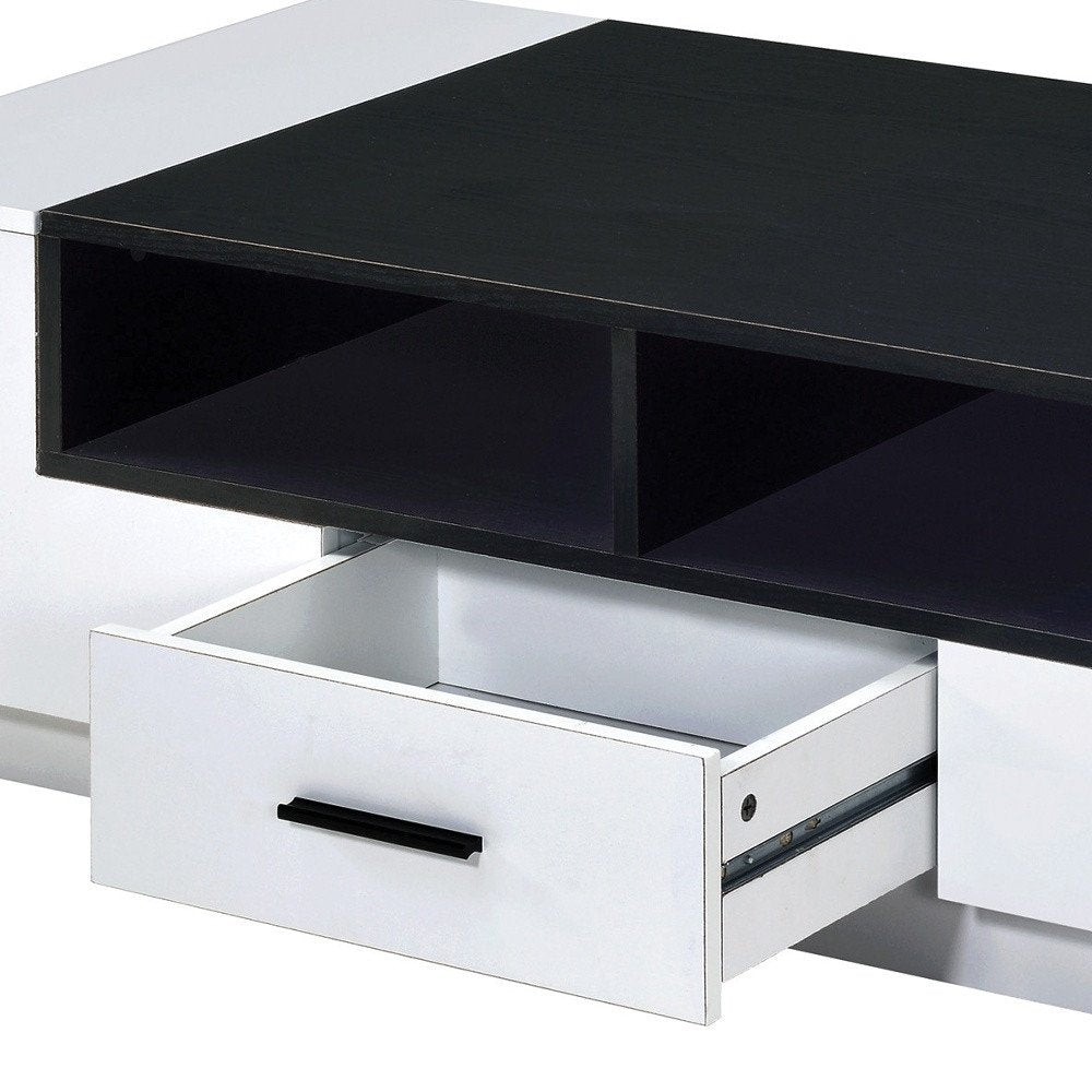 47" Black and White Wood Floor Shelf Coffee Table With Drawer And Three Shelves