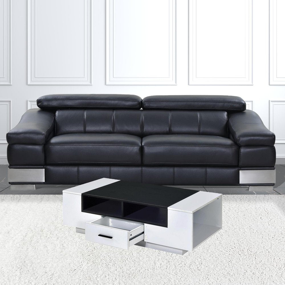 47" Black and White Wood Floor Shelf Coffee Table With Drawer And Three Shelves