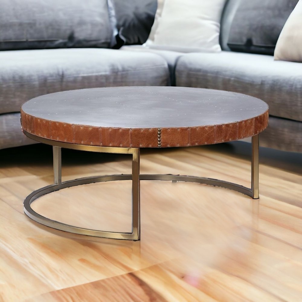 36" Brown and Silver Genuine Leather And Metal Round Frame Coffee Table
