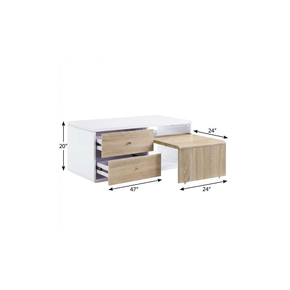 47" White and Natural Wood Frame Coffee Table With Two Drawers