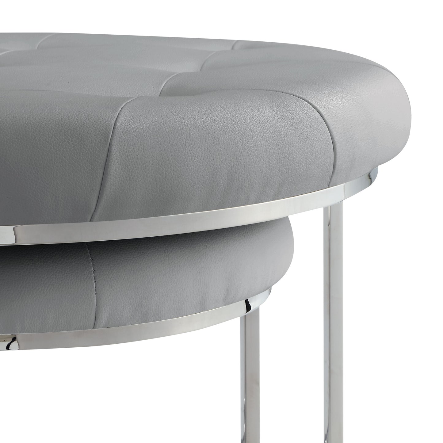Set of Two Gray Faux Leather and Silver Tufted Round Ottoman