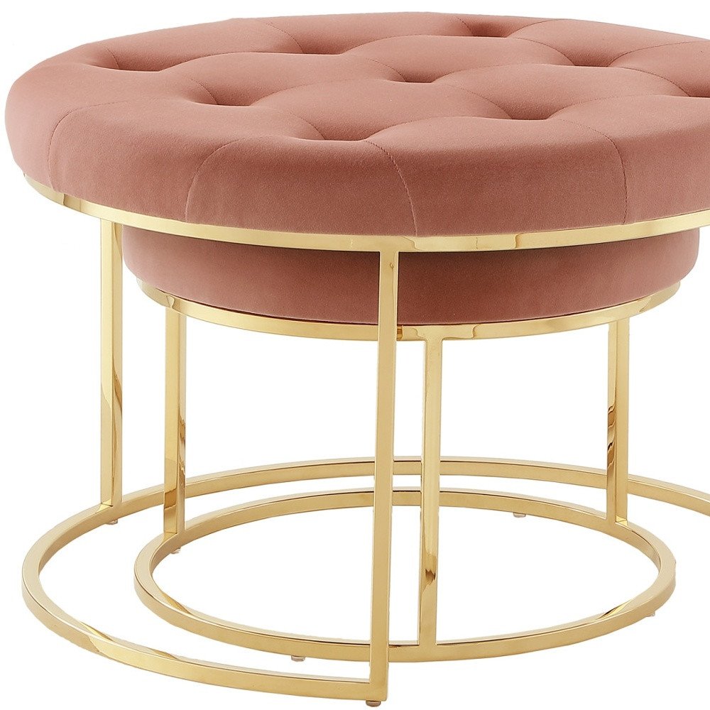 Set of Two Gray Faux Leather and Silver Tufted Round Ottoman