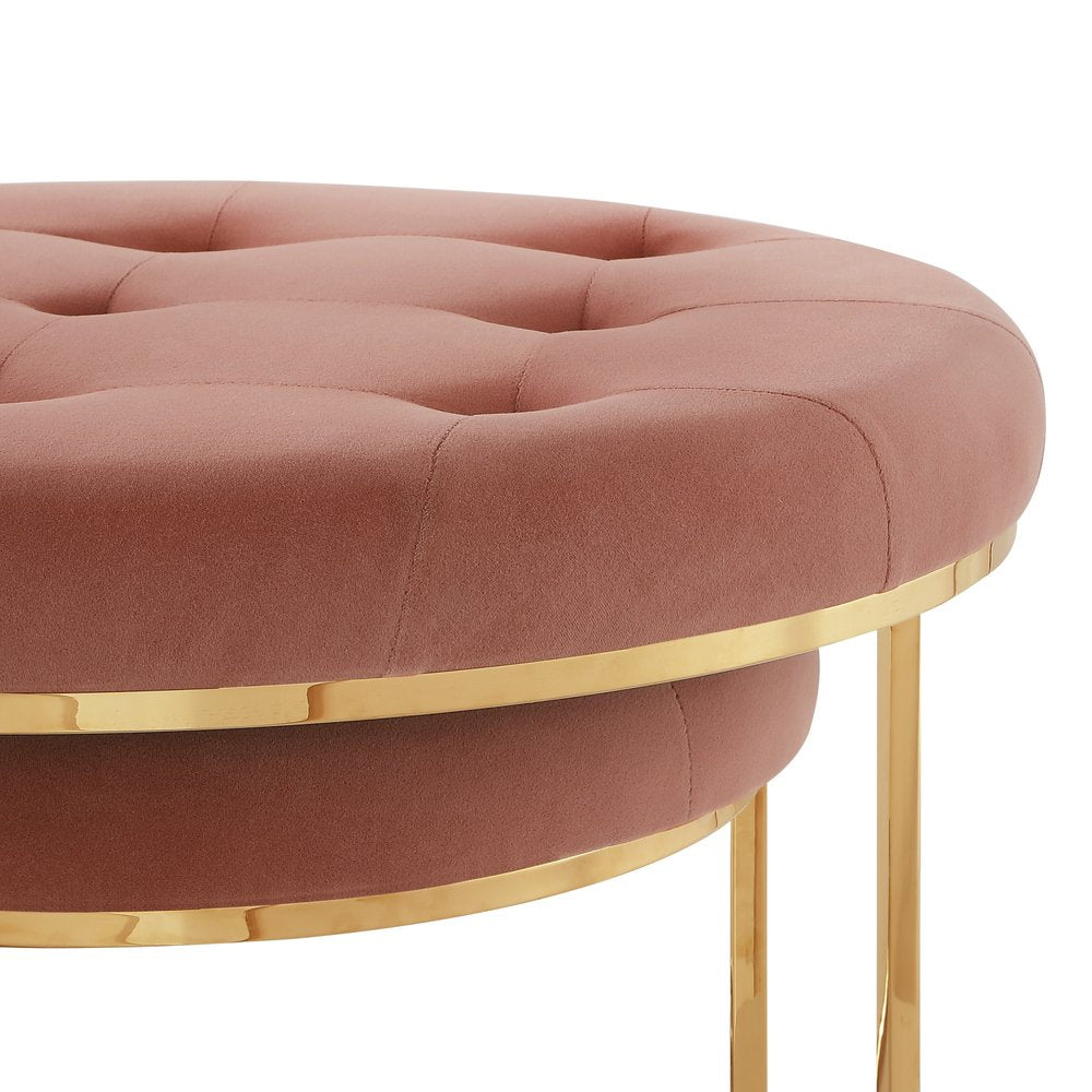 Set of Two Gray Faux Leather and Silver Tufted Round Ottoman