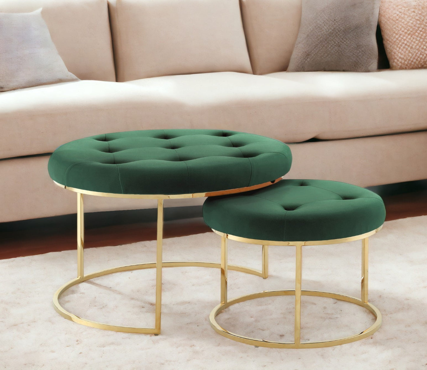 Set of Two Gray Faux Leather and Silver Tufted Round Ottoman