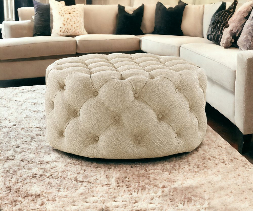 33" Beige Linen Rolling Tufted Round Cocktail Ottoman