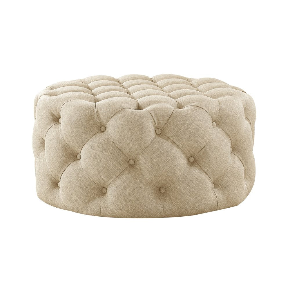33" Beige Linen Rolling Tufted Round Cocktail Ottoman