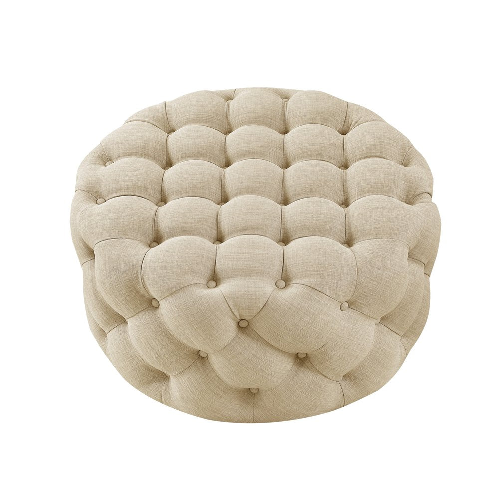 33" Beige Linen Rolling Tufted Round Cocktail Ottoman