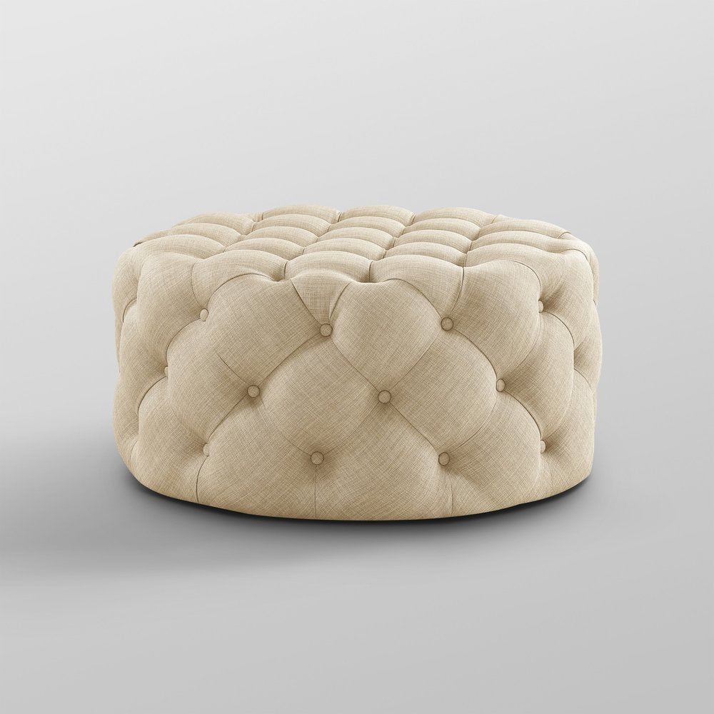 33" Beige Linen Rolling Tufted Round Cocktail Ottoman