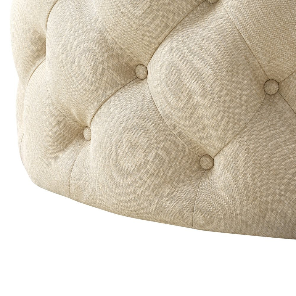 33" Beige Linen Rolling Tufted Round Cocktail Ottoman