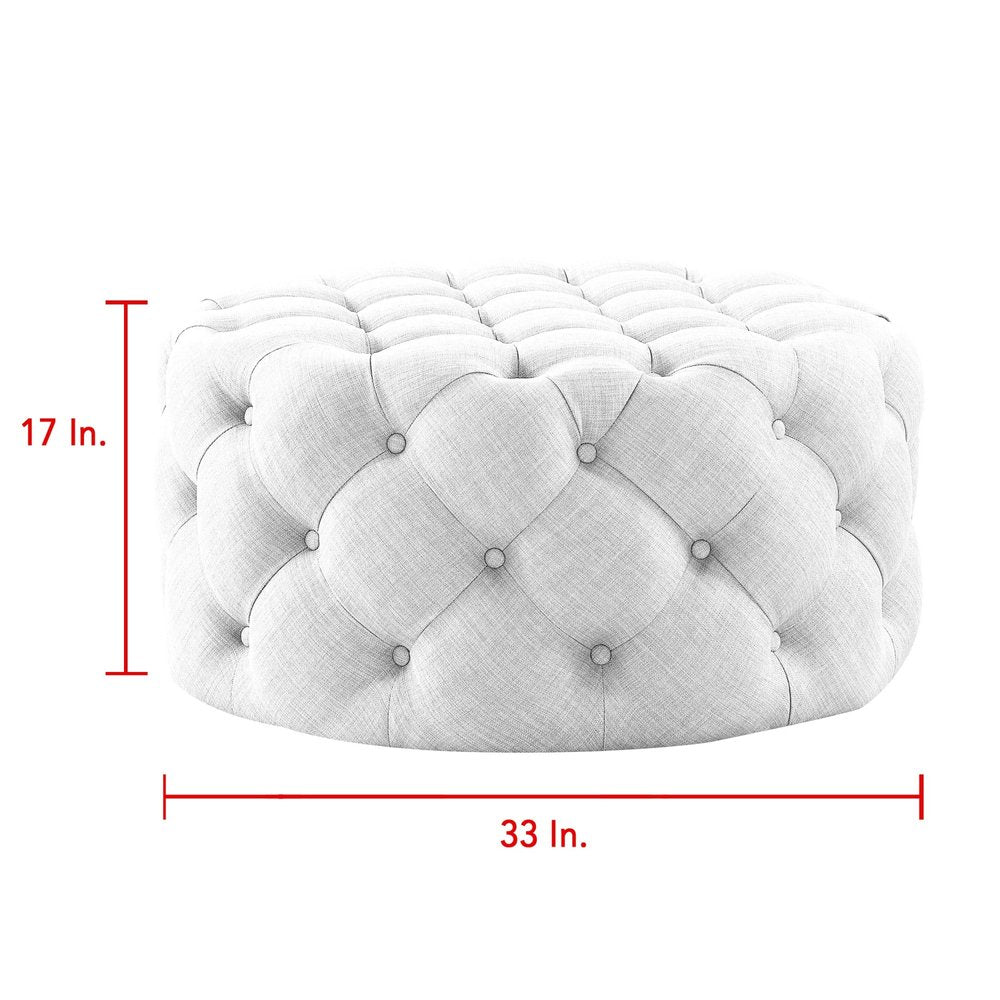 33" Beige Linen Rolling Tufted Round Cocktail Ottoman
