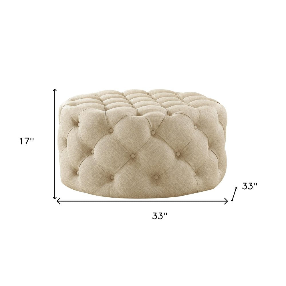 33" Beige Linen Rolling Tufted Round Cocktail Ottoman