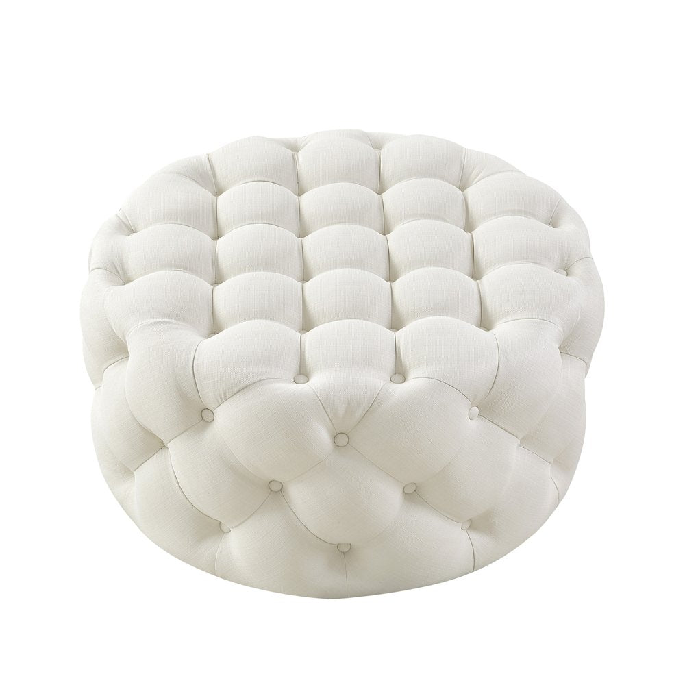33" Beige Linen Rolling Tufted Round Cocktail Ottoman