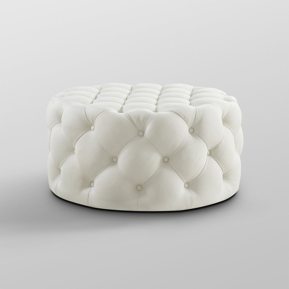 33" Beige Linen Rolling Tufted Round Cocktail Ottoman
