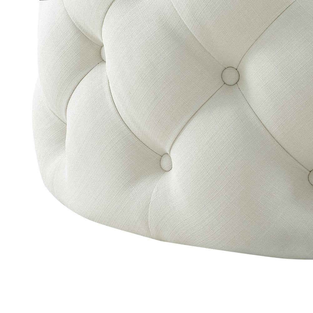 33" Beige Linen Rolling Tufted Round Cocktail Ottoman