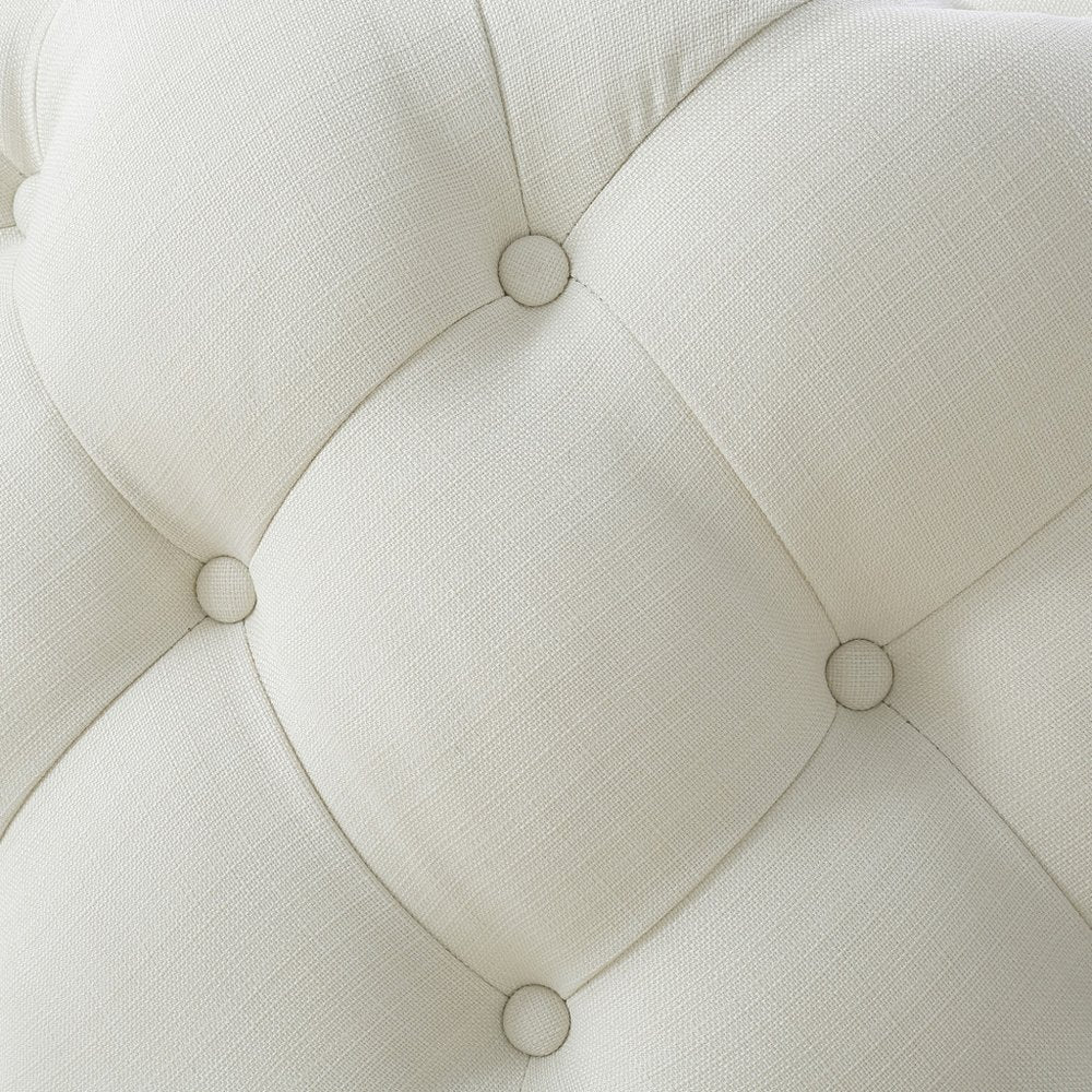 33" Beige Linen Rolling Tufted Round Cocktail Ottoman