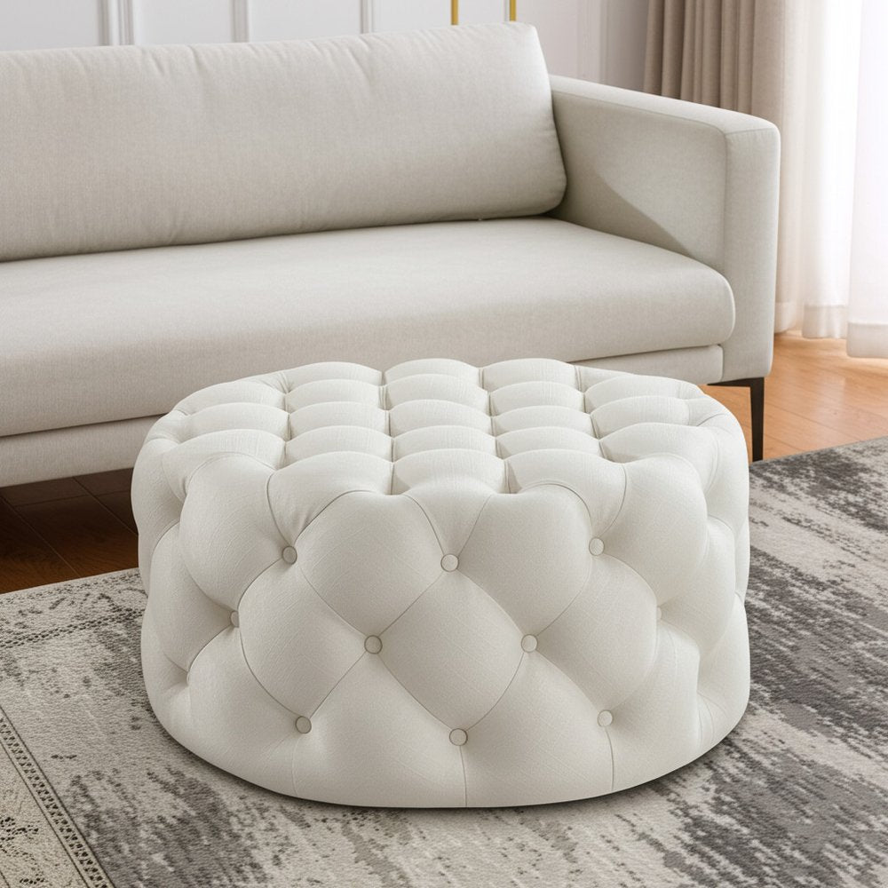 33" Beige Linen Rolling Tufted Round Cocktail Ottoman