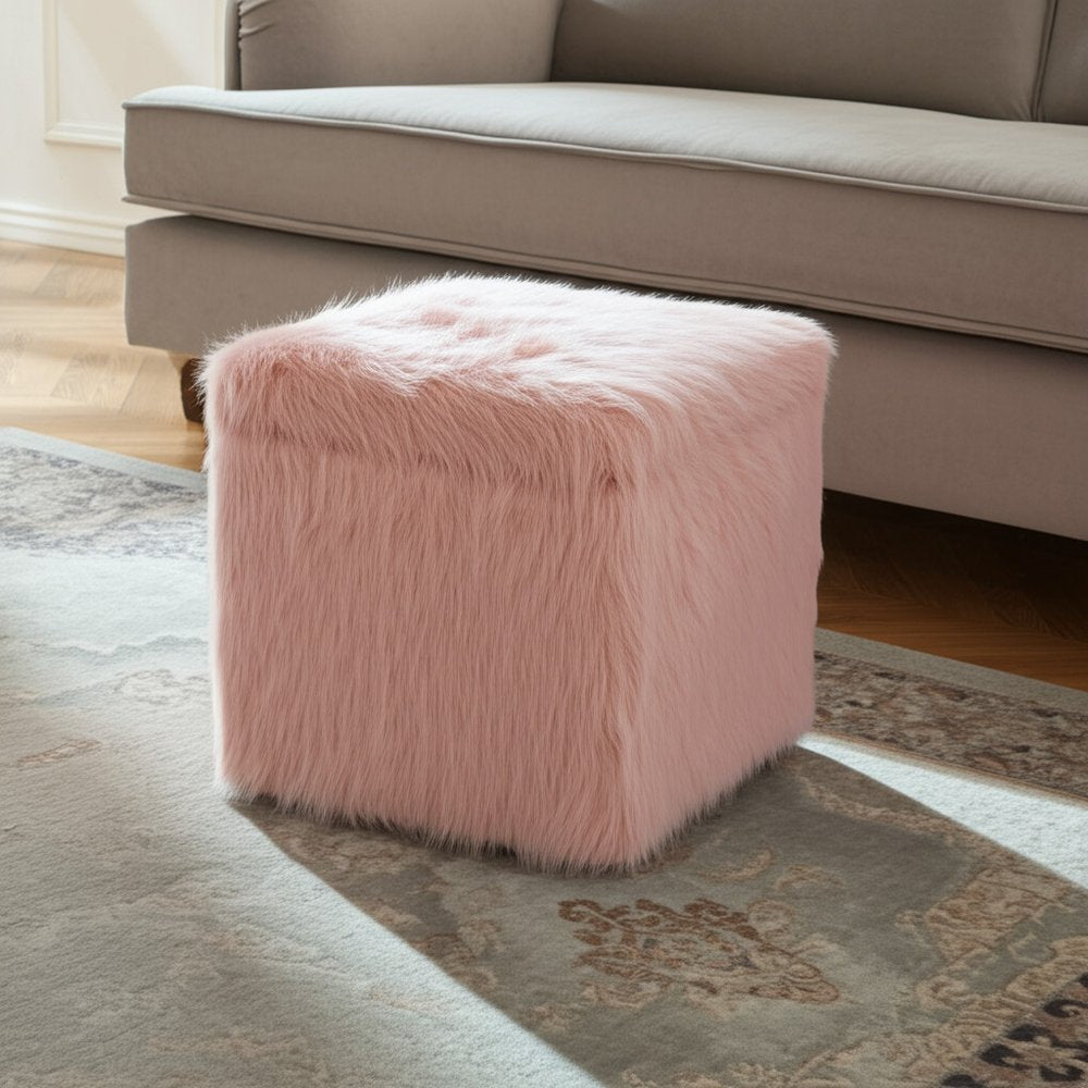 18" Blush Faux Fur and Black Storage Ottoman
