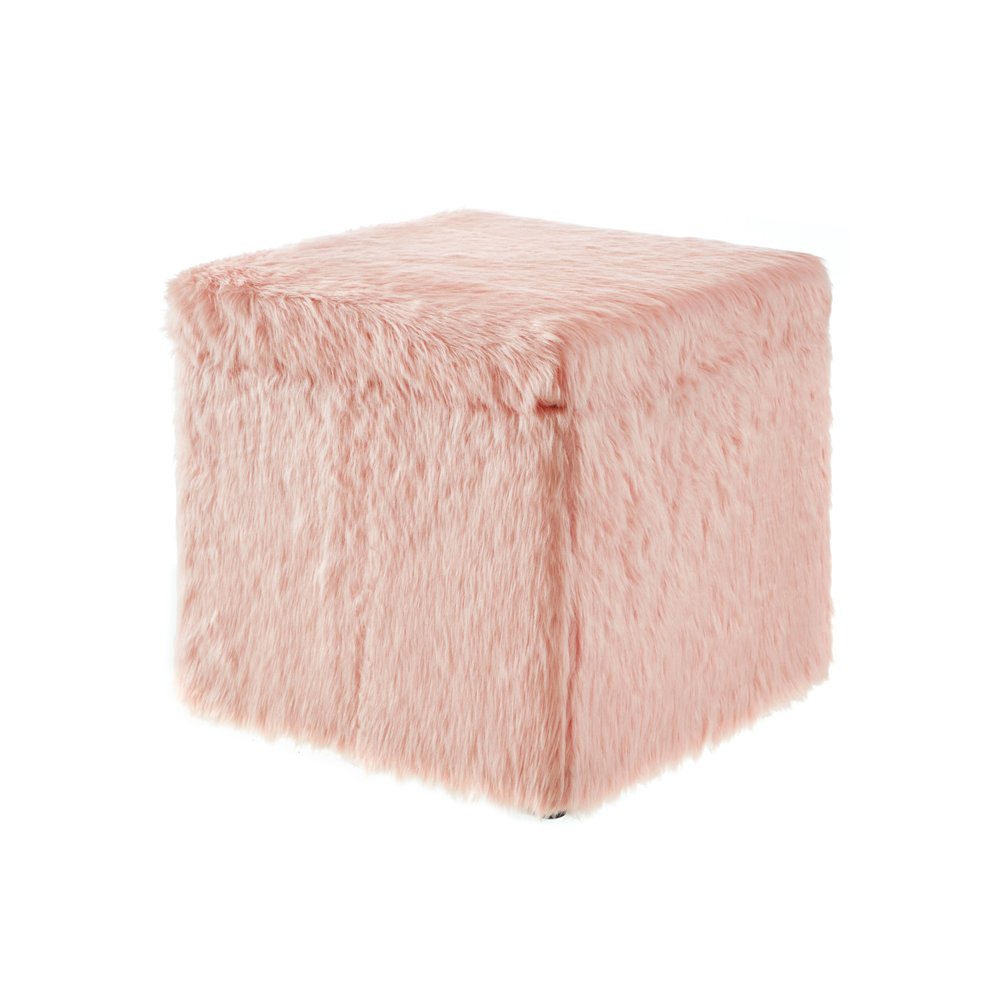 18" Blush Faux Fur and Black Storage Ottoman