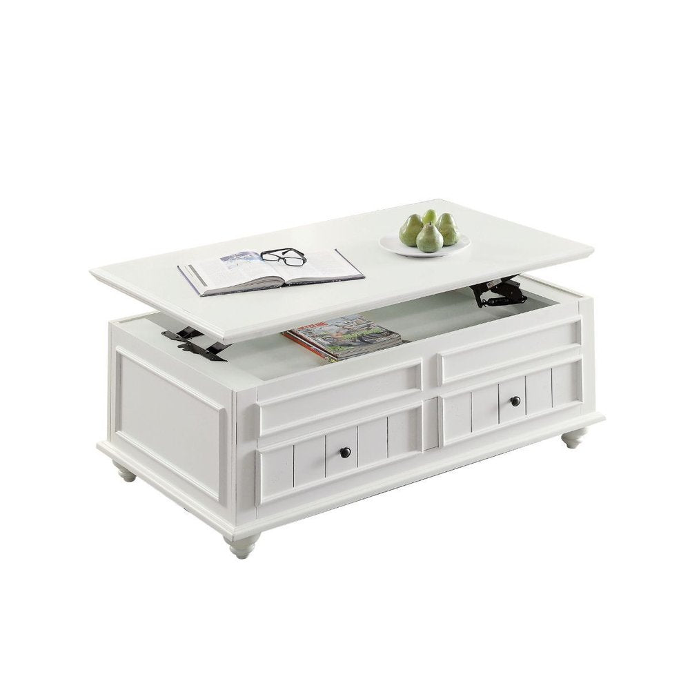 48" White Wood Lift Top Solid Coffee Table With Two Drawers