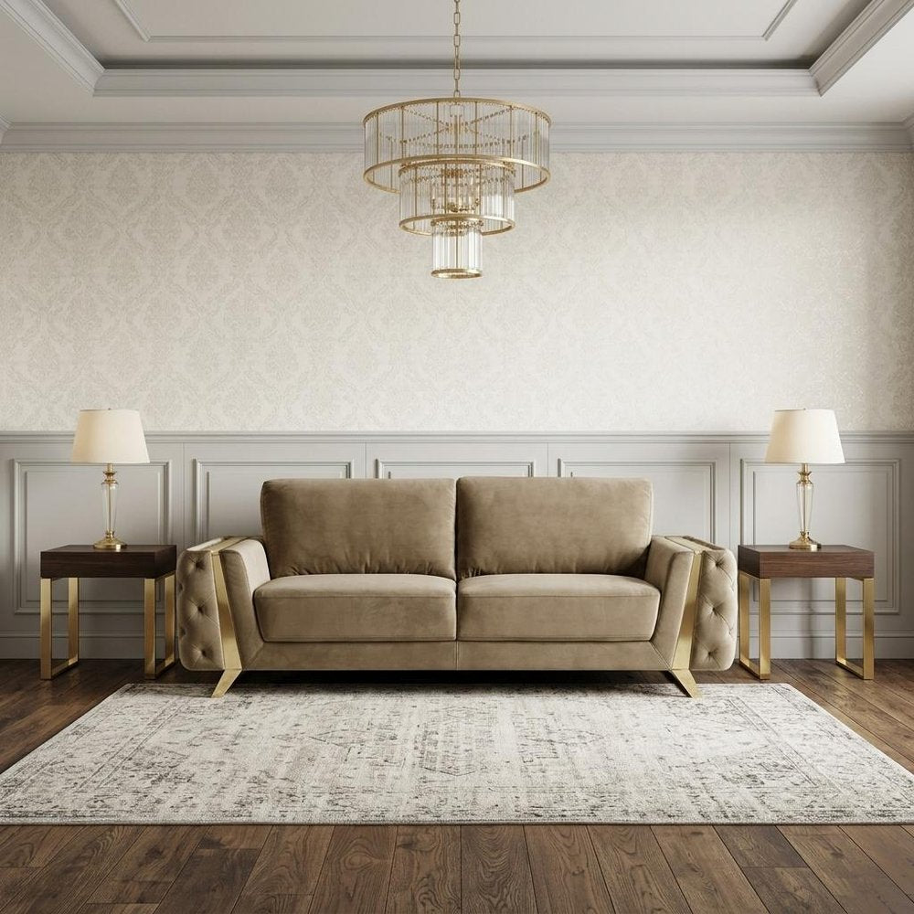 90" Beige Velvet Sofa With Gold Legs