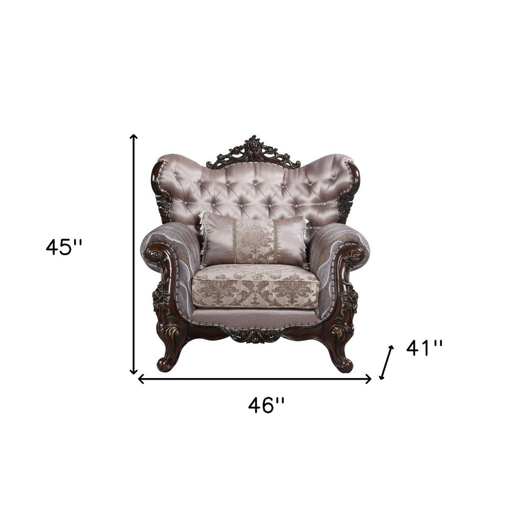 46" Light Gray and Brown Fabric Floral Tufted Arm Chair And Toss Pillow