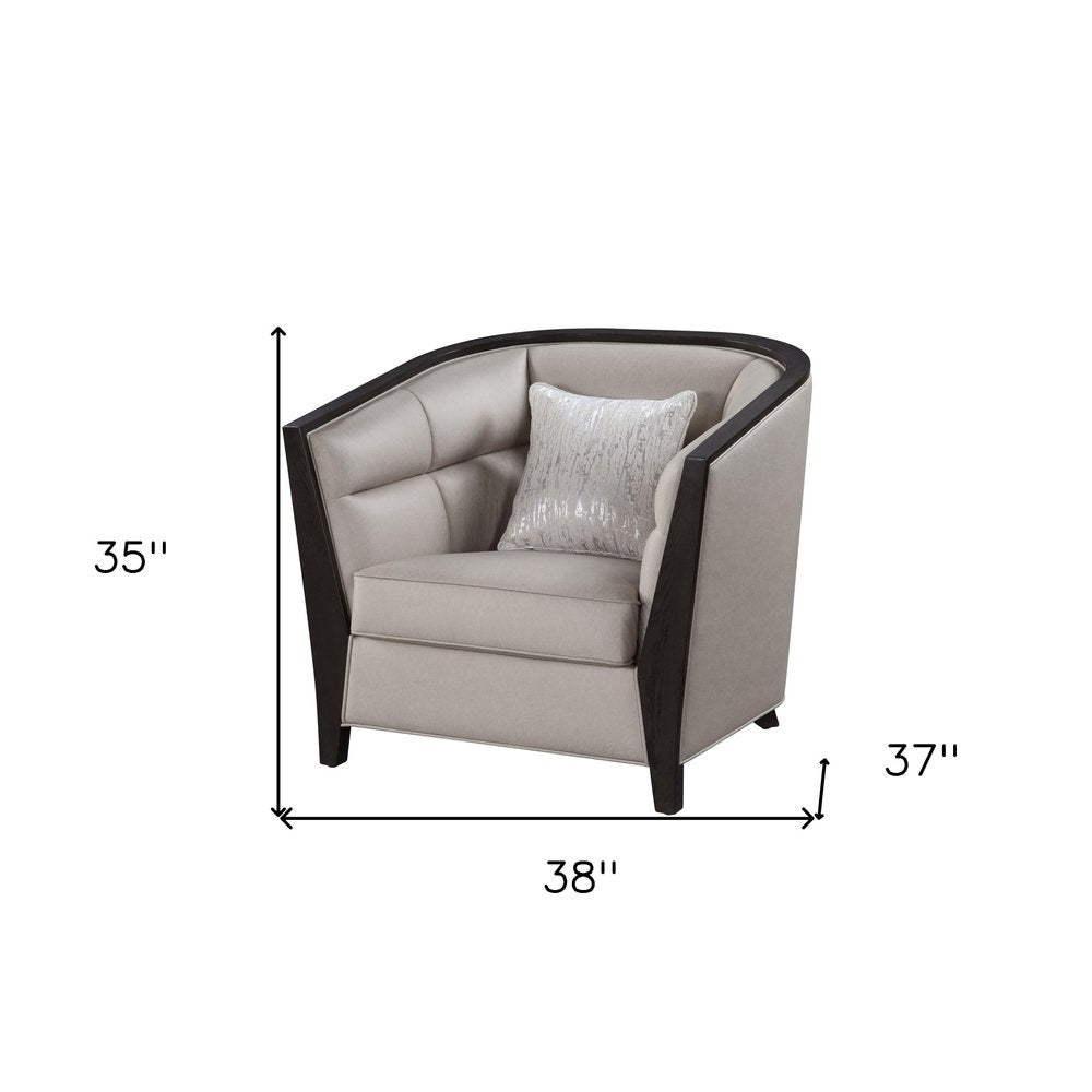 38" Beige and Black Fabric Barrel Chair And Toss Pillow