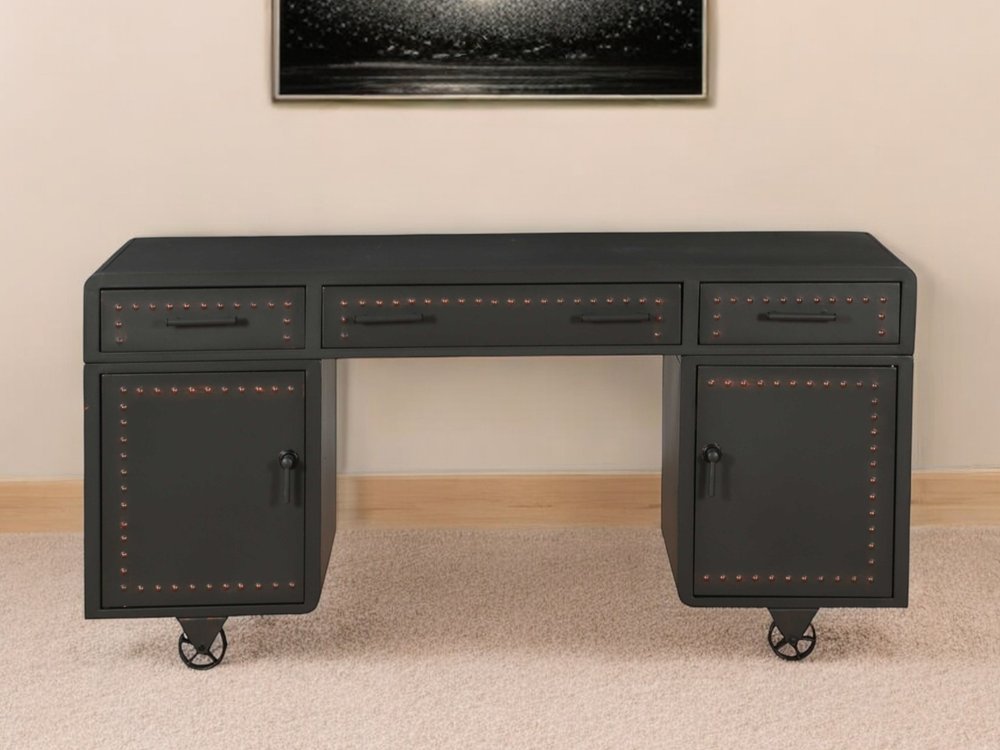 63" Gray Metal Executive Desk With Two Cabinets Three Drawers