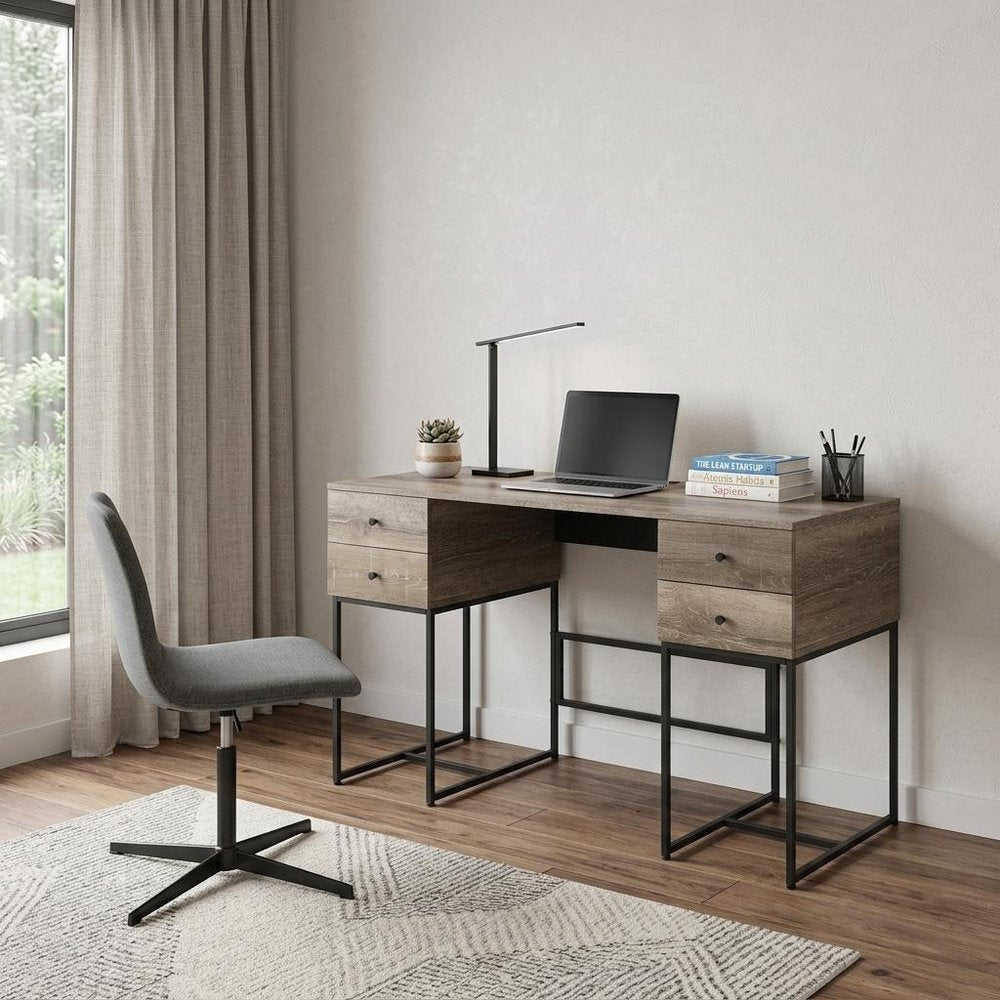 47" Brown and Black Writing Desk With Four Drawers