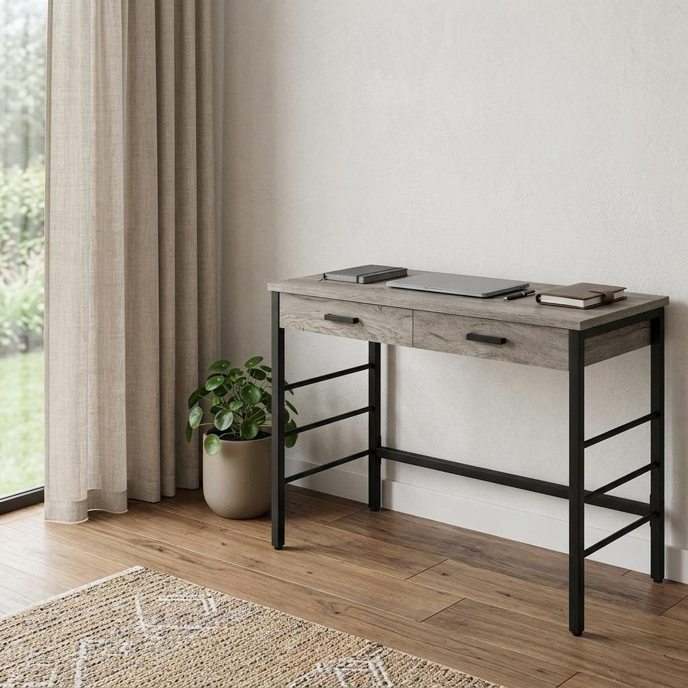 42" Brown and Black Writing Desk With Two Drawers