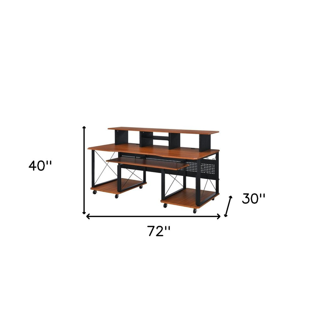 72" Brown and Black Wood and Metal Rolling Computer Desk