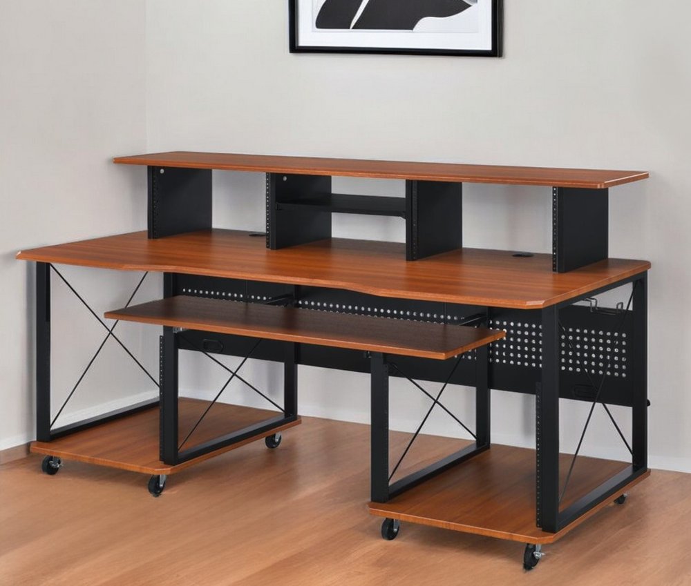 72" Brown and Black Wood and Metal Rolling Computer Desk