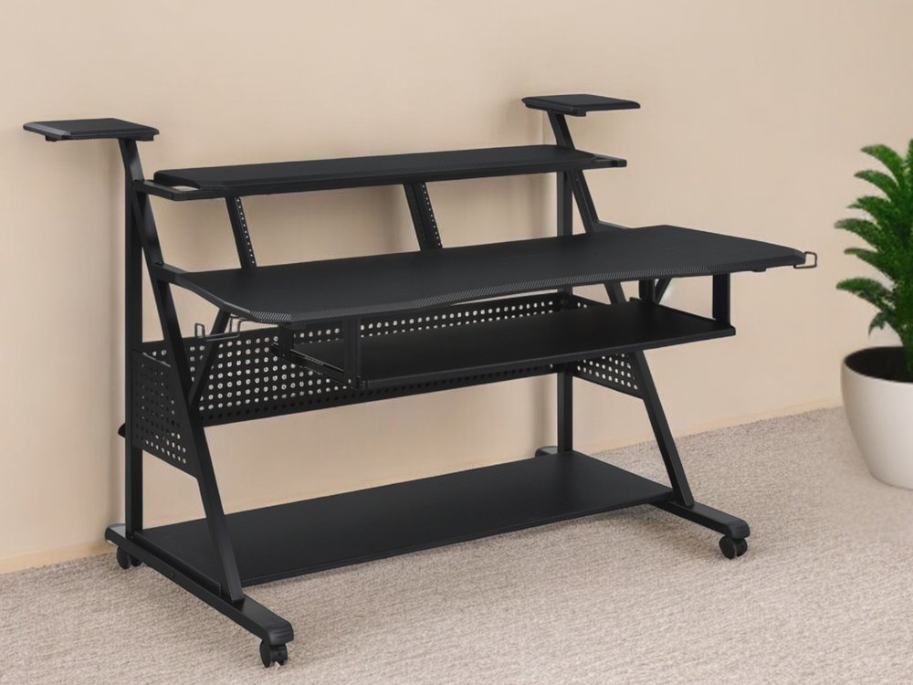 67" Black Wood and Metal Rolling Computer Desk