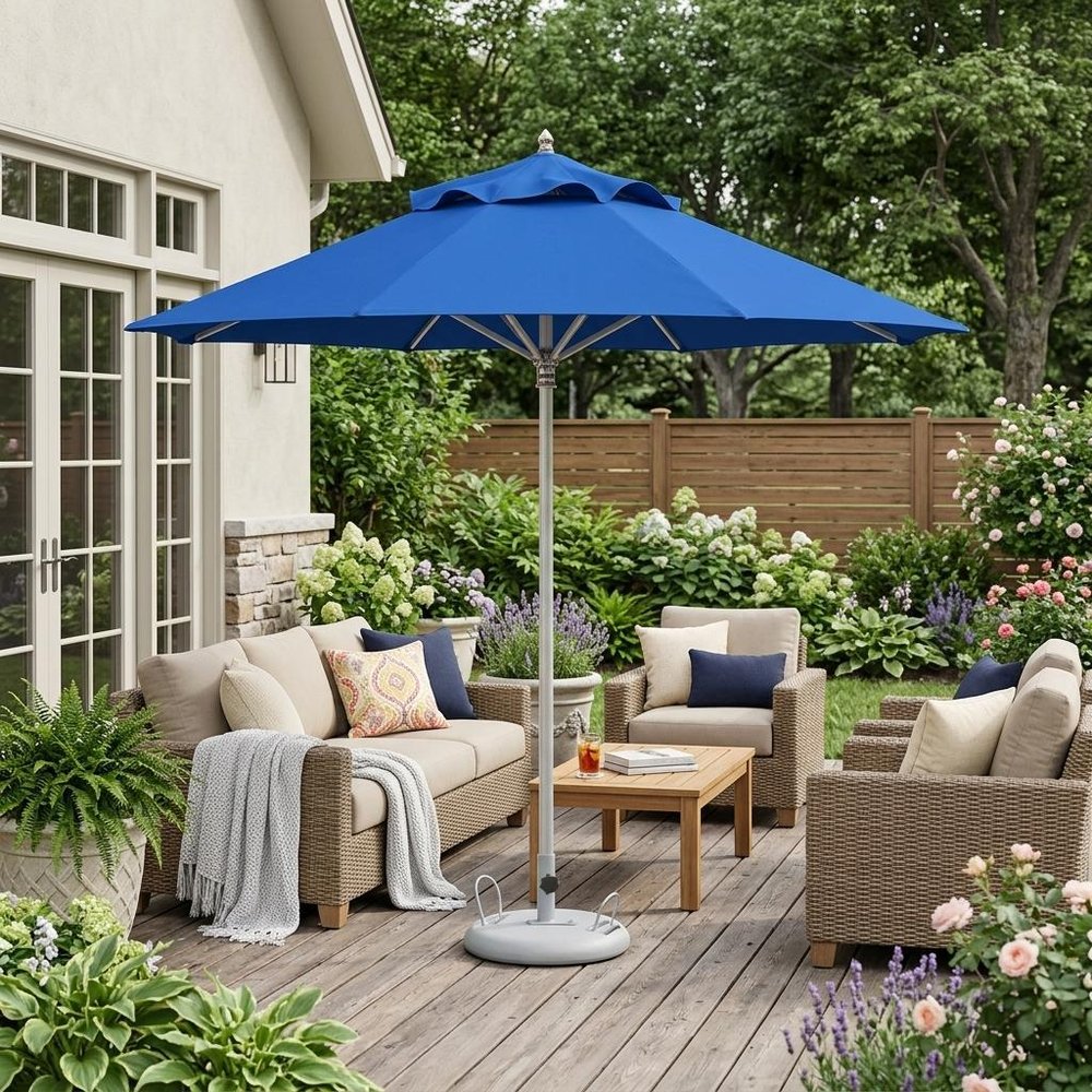 10' Blue Polyester Round Tilt Cantilever Patio Umbrella with Stand
