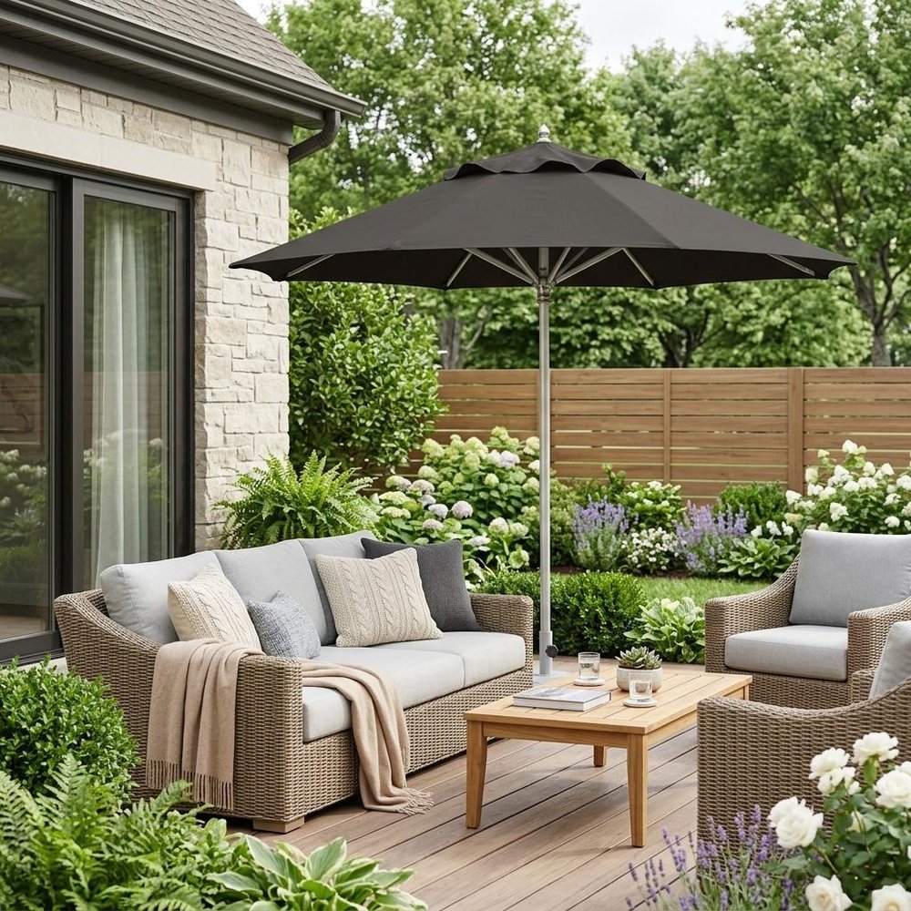 13' Black Polyester Round Tilt Cantilever Patio Umbrella with Stand