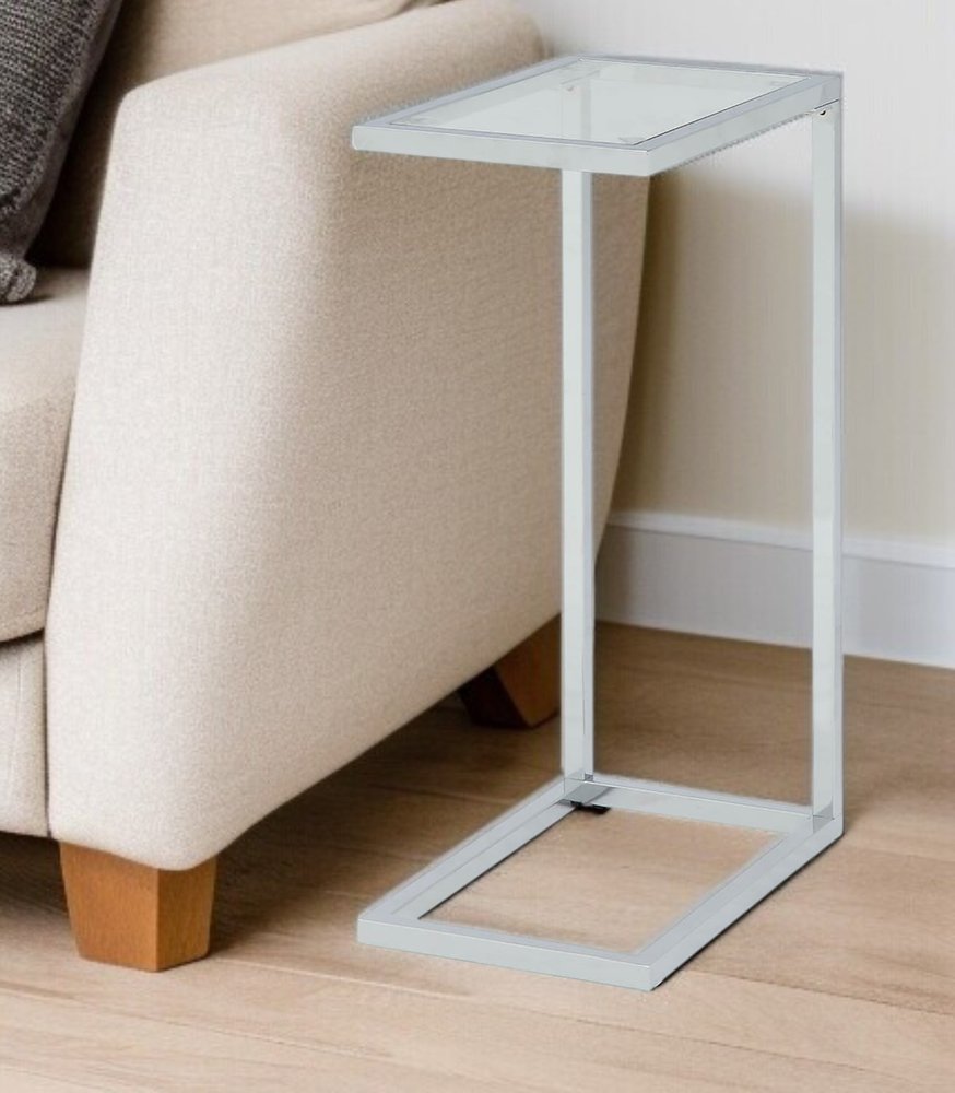 26" Clear And White Glass And Steel Sled End Table
