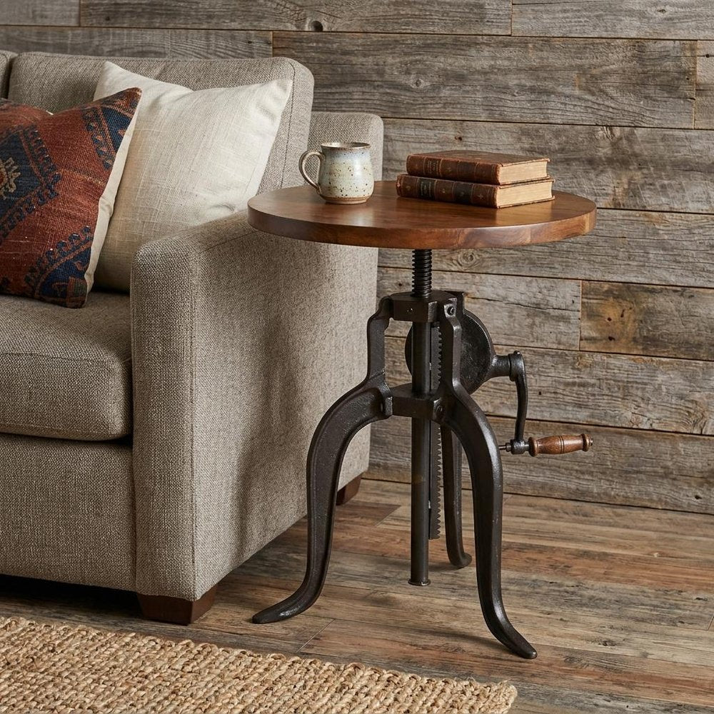 19" Black And Chestnut Solid Wood And Iron Height Adjustable Round End Table
