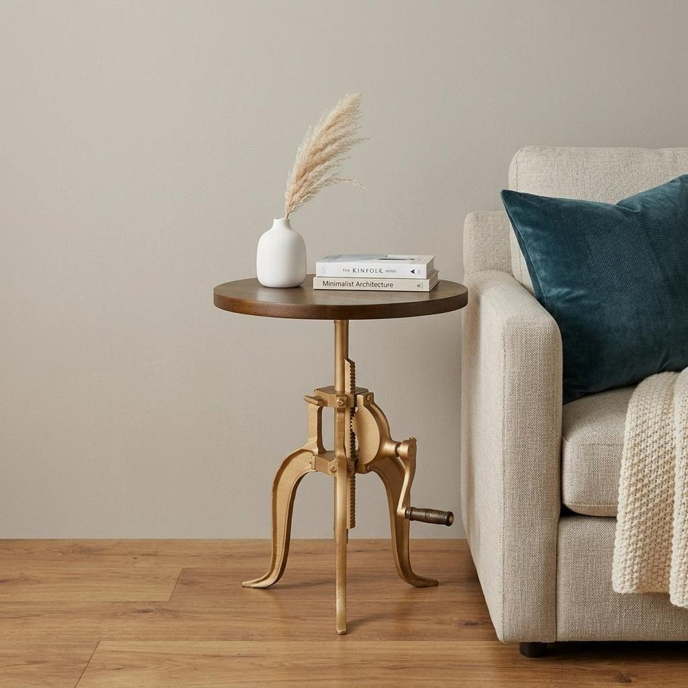 19" Brass Solid Wood And Iron Height Adjustable Round End Table